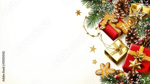 Festive Christmas Background with Golden and Red Gift Boxes, Decorated Tree Branches, Gingerbread Cookies, Star Decorations, Pine Cones, Hyperdetailed Sharp Focus, Studio Lighting, White Gradient Back