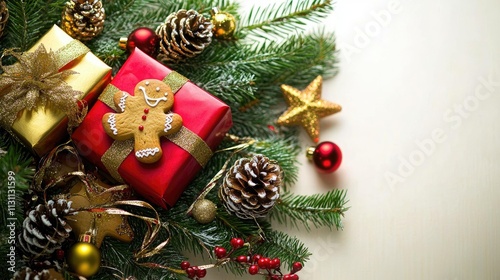 Festive Christmas Background with Golden and Red Gift Boxes, Decorated Tree Branches, Gingerbread Cookies, Star Decorations, Pine Cones, Hyperdetailed Sharp Focus, Studio Lighting, White Gradient Back