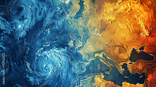 Detailed weather forecast map of Europe showing isobars, pressure systems, wind directions, and temperature zones. Ideal for meteorological analysis, climate predictions, or educational.