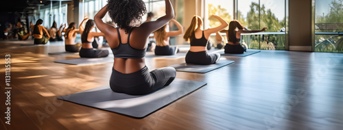 diverse group of women dressed in sportswear sitting on the floor on a yoga mat in a body activation and stretching class in a spacious gym with wooden floor. photo