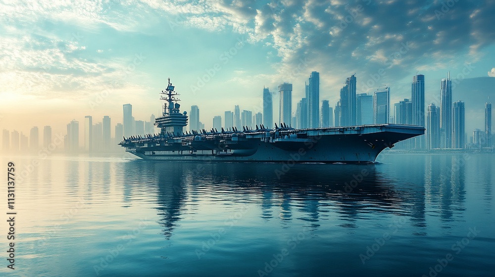 Fototapeta premium Aircraft carrier at sunrise near a city skyline.