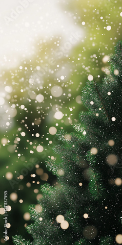 a sparkling christmas tree in light green background, bokeh effect, cellphone background picture