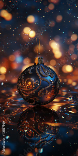 a christmas theme background image, with ornament, bokeh effect, blue, yellow