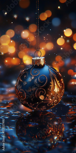 a christmas theme background image, with ornament, bokeh effect, blue, yellow
