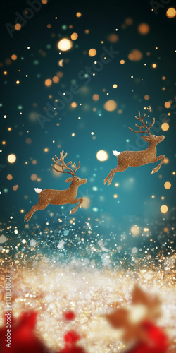 reindeer fly in the sky in blue bokeh effect background, christmas