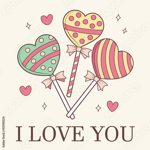 Square card with candies on a stick i love you. Layout for printing postcard, social media, valentine. February 14. Vector graphics.