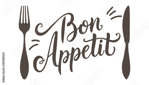 Bon appetit lettering with cutlery silhouette. Print for dishes, napkins, signboard. Design for cafe, restaurant. Vector graphics isolated on white background