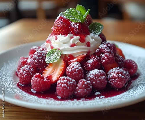 dessert with berries and cream juicy raspberries and plump blueberries overflow a white bowl, a vibrant summer dessert of fresh, sweet berries photo