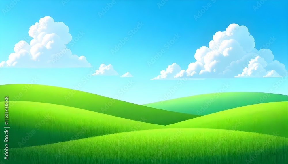 Obraz premium The image showcases a vast expanse of rolling green hills under a bright blue sky. The grass is lush and vibrant, creating a fresh, inviting landscape. The gentle curves of the hills add a sense of de