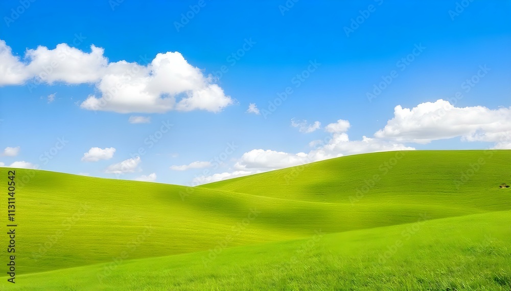 Obraz premium The image showcases a vast expanse of rolling green hills under a bright blue sky. The grass is lush and vibrant, creating a fresh, inviting landscape. The gentle curves of the hills add a sense of de