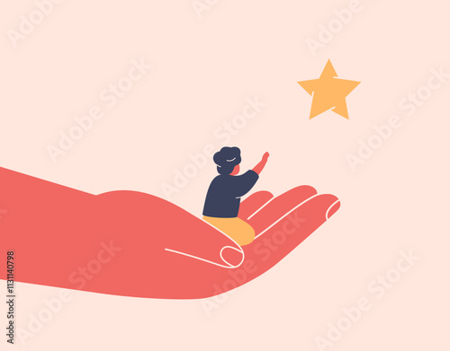 Adult supports a child in achieving his dream. Small boy in his parent's hand reaches for glowing star as a symbol of knowledge, growth and hope. Care and help for kids. Vector illustration