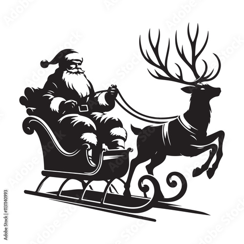 Black Silhouette santa clause and reindeer sleigh for christmas decoration clip art