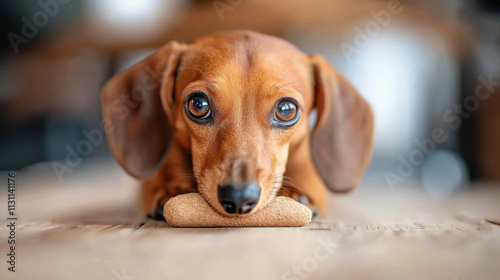 A cute dachshund rests its head on chew toy, showcasing its expressive eyes and smooth coat. This adorable pet exudes sense of calm and curiosity photo