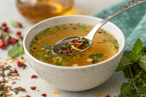 Herbal infusion tea with fresh herbs and spices in white bowl.