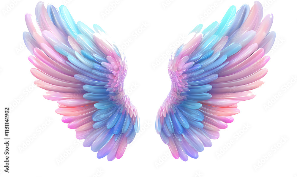 Fototapeta premium Vibrant 3D pastel angel wings artwork featuring a beautiful blend of pink, blue, and purple hues. The wings are gracefully spread. Isolated on transparent background, png.