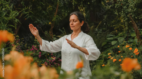 Indian woman practicing yoga in lush garden