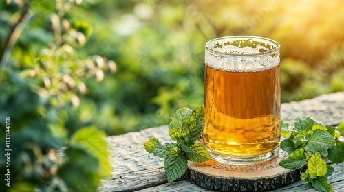 Craft Beer Glass on Natural Wood in Sunlit Garden Setting photo