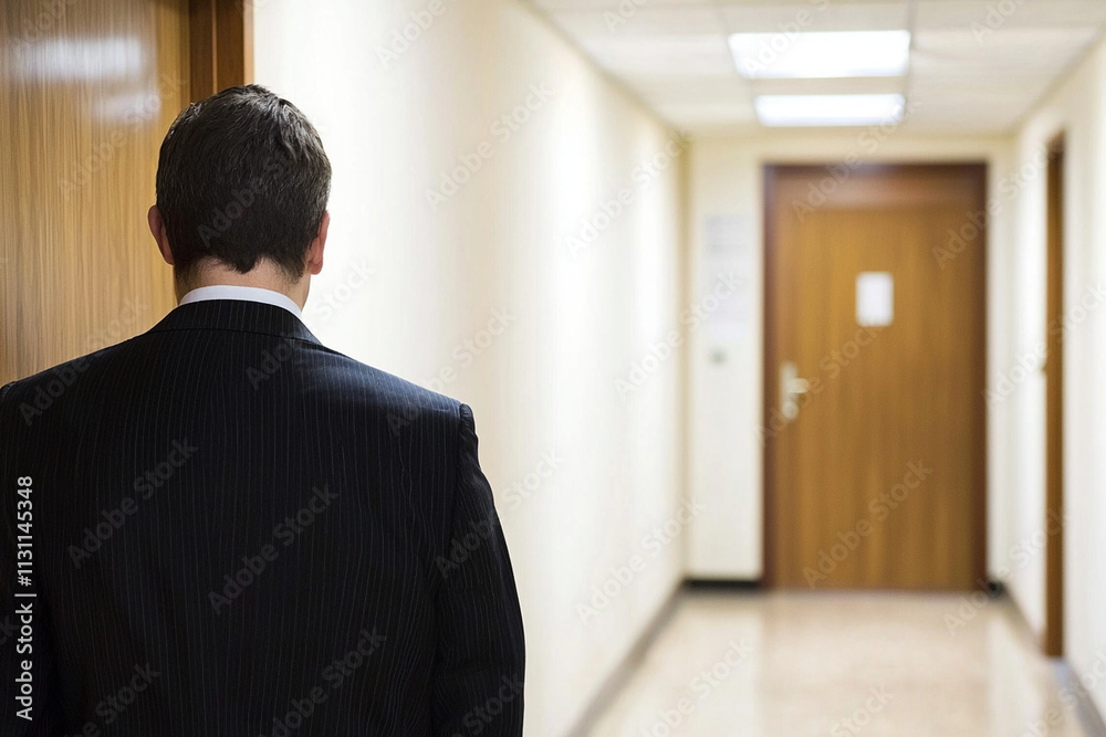 Fototapeta premium Man in suit stands near closed office door