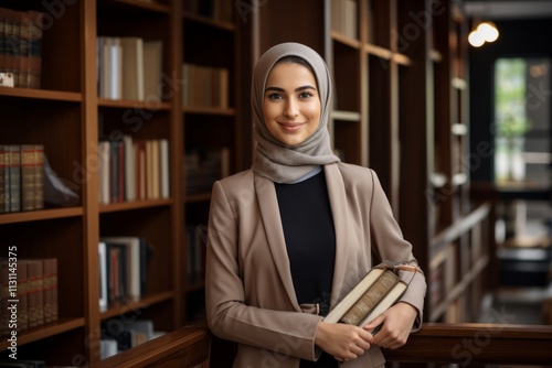 Muslim woman with her head covered stands in the library among books. Islamic education concept for women photo