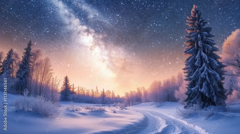 Fototapeta premium Winding through a frosty forest, a snowy road meanders beneath a breathtaking starry night sky, showcasing a magical winter wonderland filled with tranquility and beauty