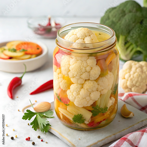 Colorful pickled cauliflower and vegetables in a jar on a kitchen table.