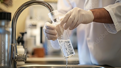 A man takes a water sample in the kitchen. Selective focus.