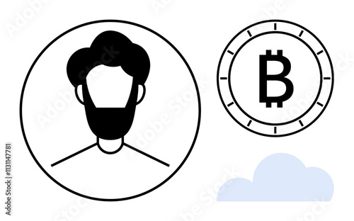 Individual silhouette in circle, Bitcoin coin symbol, and light blue cloud. Ideal for cryptocurrency, blockchain, fintech, digital identity, anonymity, financial tech, and online investments. Line