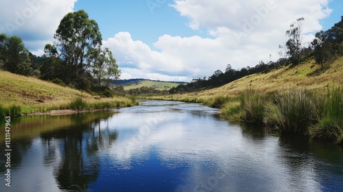 Serene river reflects sky, hills, and trees.