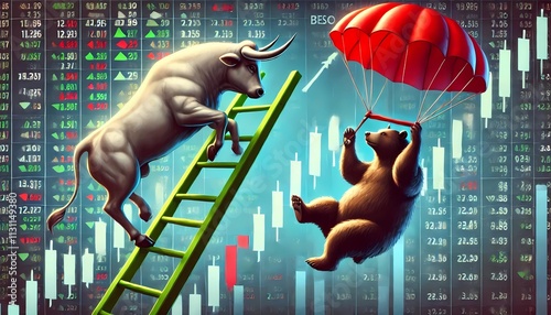Illustration showing a bear climbing a ladder and a bear descending on a parachute, the stock market, ideal for financial articles, (A.I Generatve)