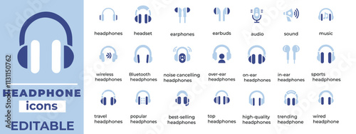 Stylish headphone vector icons featuring music, audio, podcasts, customer support, gaming, and modern sound designs
