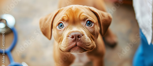 portrait of a puppy sitting on a floor; brown dog during vet visit