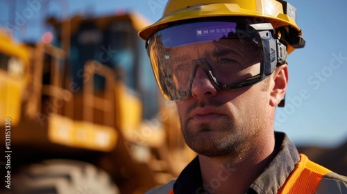 A closeup of a workers safety gles enhanced with AR technology to provide realtime safety tips and reminders while operating machinery. photo