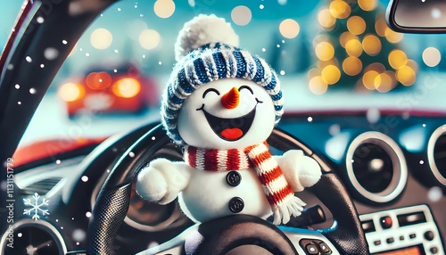 Closeup of cute funny snowman laughing, inside sports car, winter Christmas celebration with snow, blurred and defocused background with blue sky and bokeh light