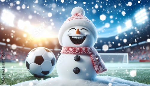 Closeup of a cute and funny snowman laughing, inside a soccer field winter Christmas celebration with snow, blurred and defocused background with blue sky and bokeh lights
