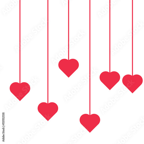 Red heart shapes hanging from strings on a white background, creating a minimalist and romantic design.