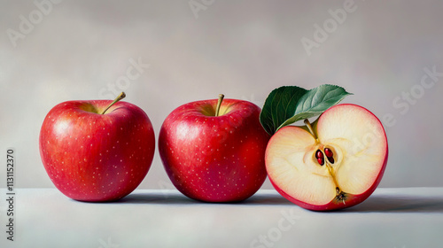 Fresh Red Apples and Pink Apple Halves on White Background