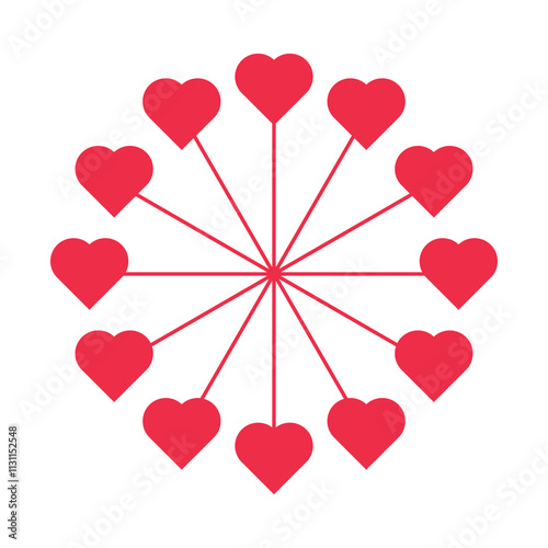 A circular arrangement of red heart shapes connected by lines, resembling a clock face.