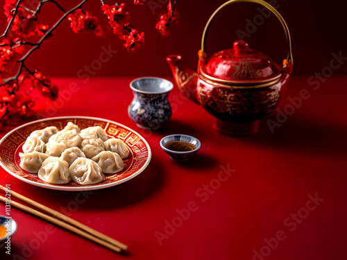 Creative food holiday concept. Pair of chopstick with a plate of stuffed meat dumpling, oriental teapot and teacup with blurred red flowers chinese new year background. copy text space.

