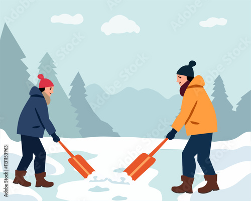 Two people shoveling snow together in a winter landscape, surrounded by pine trees and a snowy environment. Illustration of teamwork, outdoor activity, and winter cleanup with bright clothing