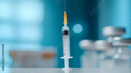 Global health, pandemics and vaccine. Syringe with a yellow needle in a clinical setting, representing healthcare and vaccination. photo