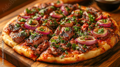 Carne asada pizza with grilled onions on rustic wooden surface