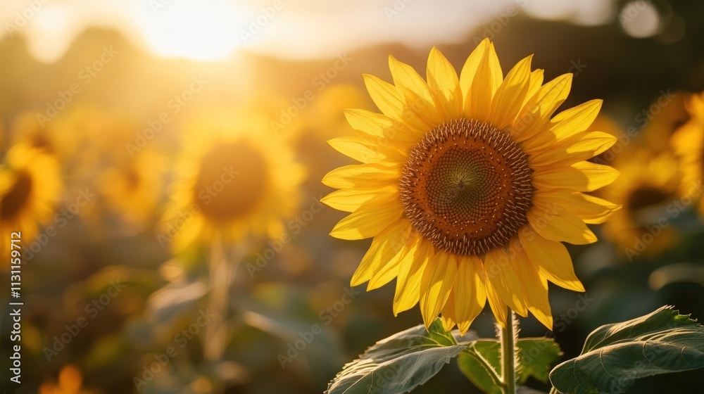 Obraz premium Golden sunflower field at sunset.