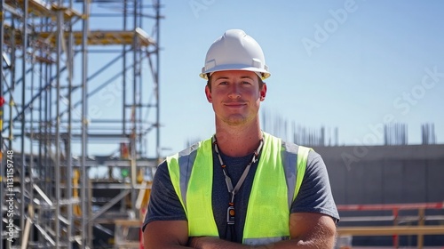 A construction worker wearing a hard hat and reflective vest, standing confidently on a job site with scaffolding and steel beams in the background, under a clear sky. 