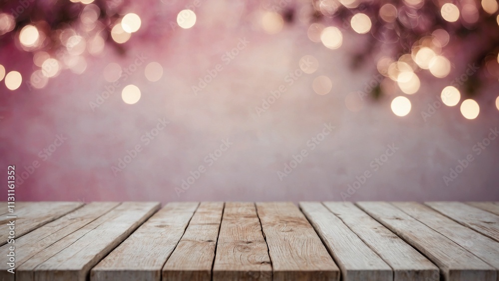 Rustic wood board mockup table surface with branch silhouettes and pink bokeh background Rustic wood board mockup table surface with branch silhouettes and pink bokeh background