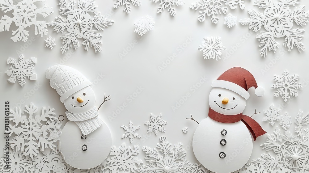 Obraz premium A festive winter scene featuring two cheerful snowmen surrounded by delicate white snowflakes on a light background.