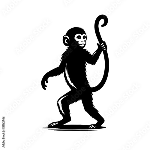 Silhouette of a monkey holding its tail.