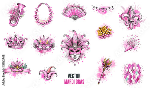 Mardi Gras collection with masks, beads, and festive symbols.
