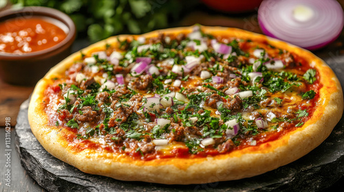Delicious birria pizza with melted cheese and dipping sauce bowl on table