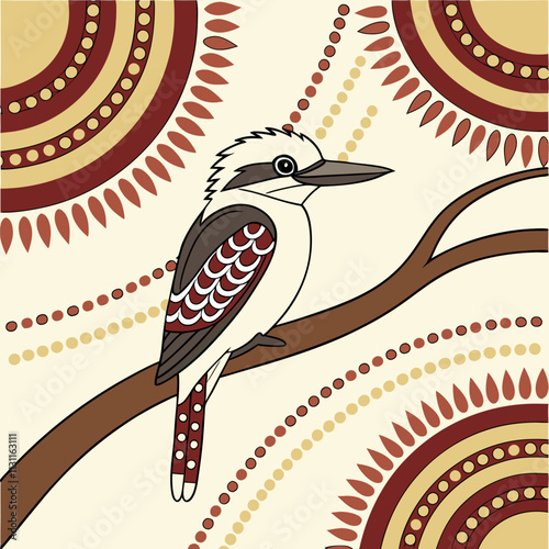 Laughing Kookaburra in Aboriginal Dot Art Style on Beige Background. Australian dot art painting. Australian wildlife and traditional art. Ideal for cultural projects, education, and souvenirs