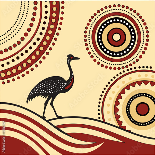 Emu in Aboriginal Dot Art Style on Beige Background. Australian dot art painting. Australian wildlife and traditional art. Ideal for cultural projects, education, and souvenirs